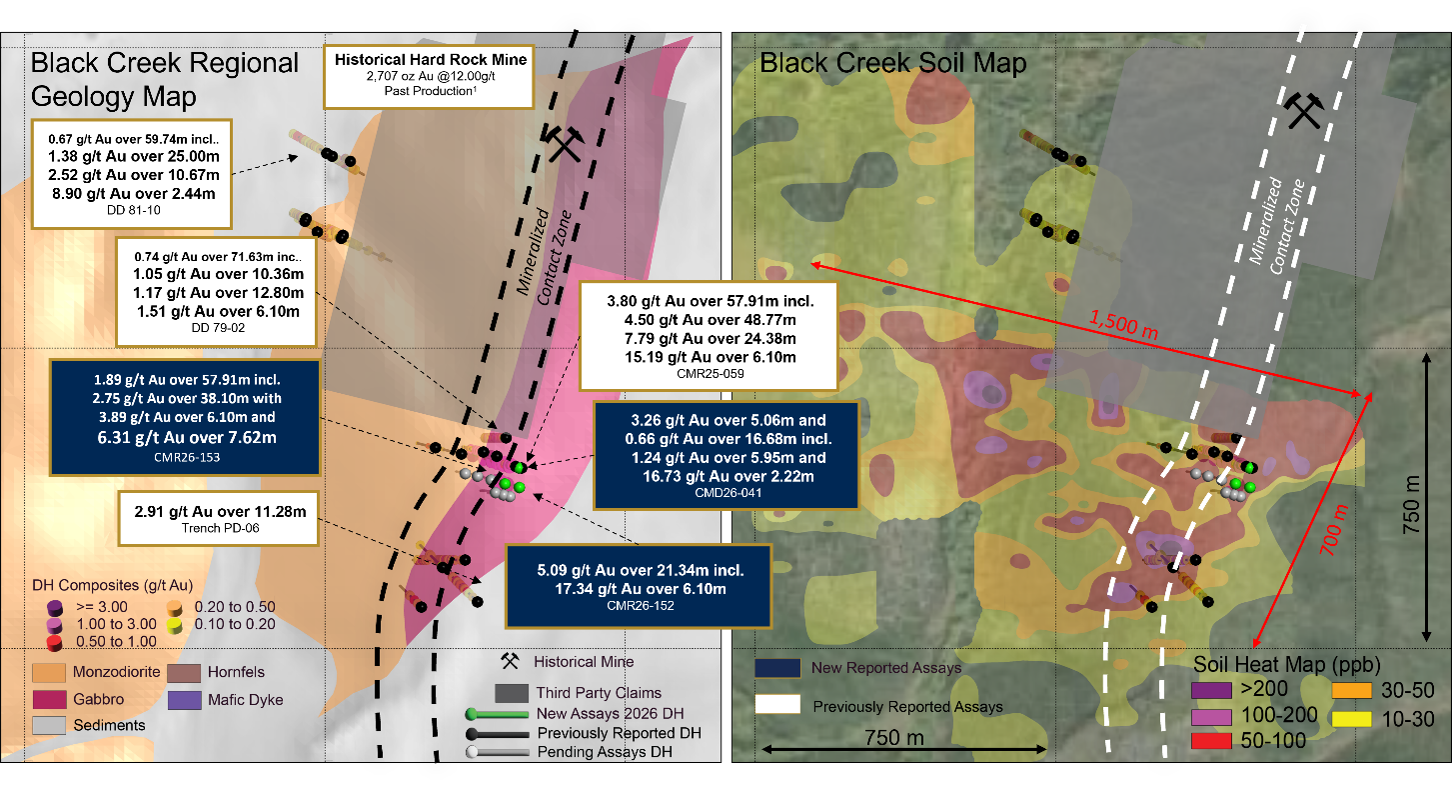 Figure 2: Black Creek regional geology, drilling area, and soil contour map, highlighting the mineralized corridors and the gold-in-soil anomaly