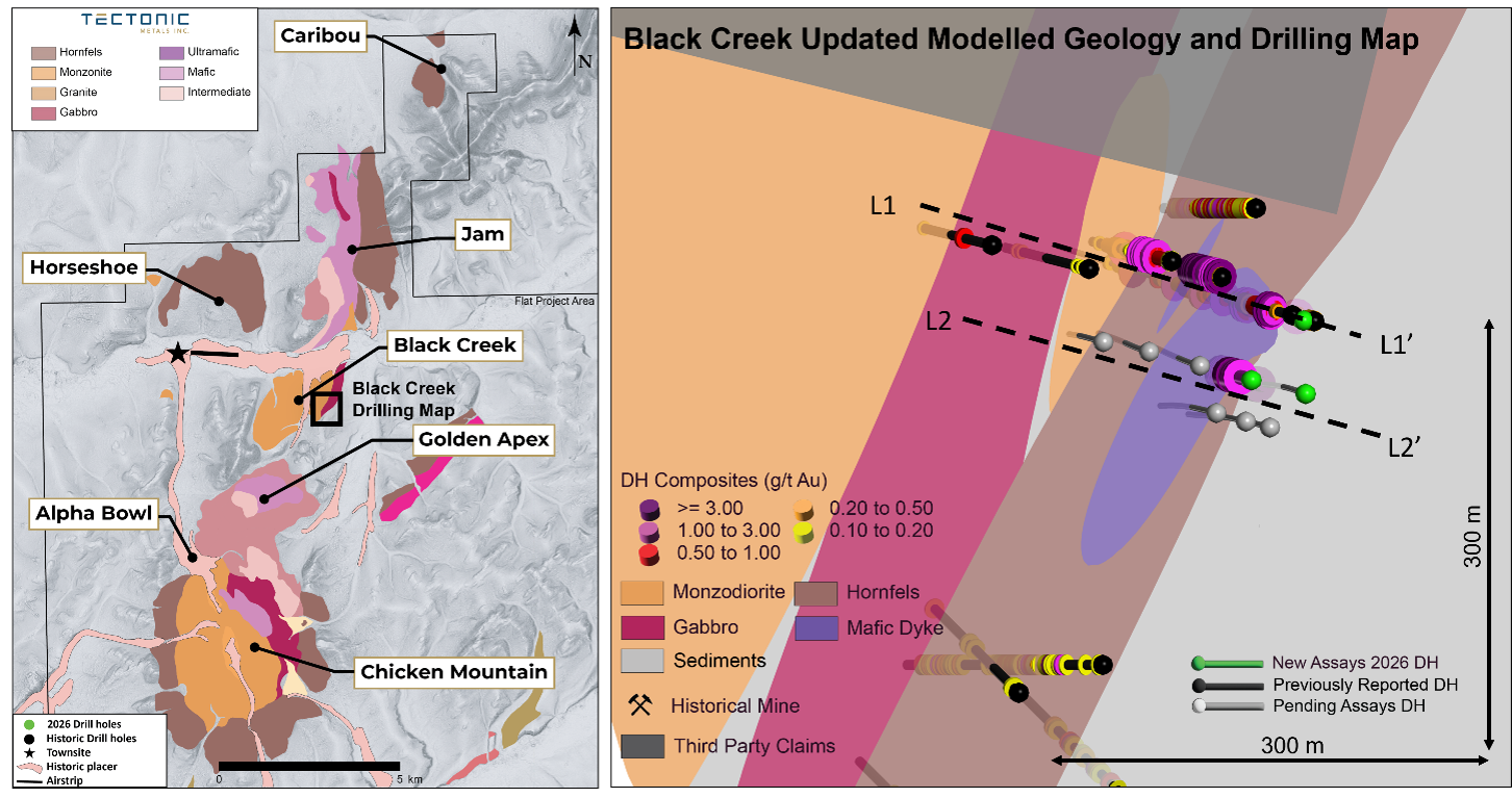 Figure 3: Updated geological model of the Black Creek Target Area, notably updated hornfels and mafic dyke units that have been observed and characterized to host higher-grade gold mineralization.