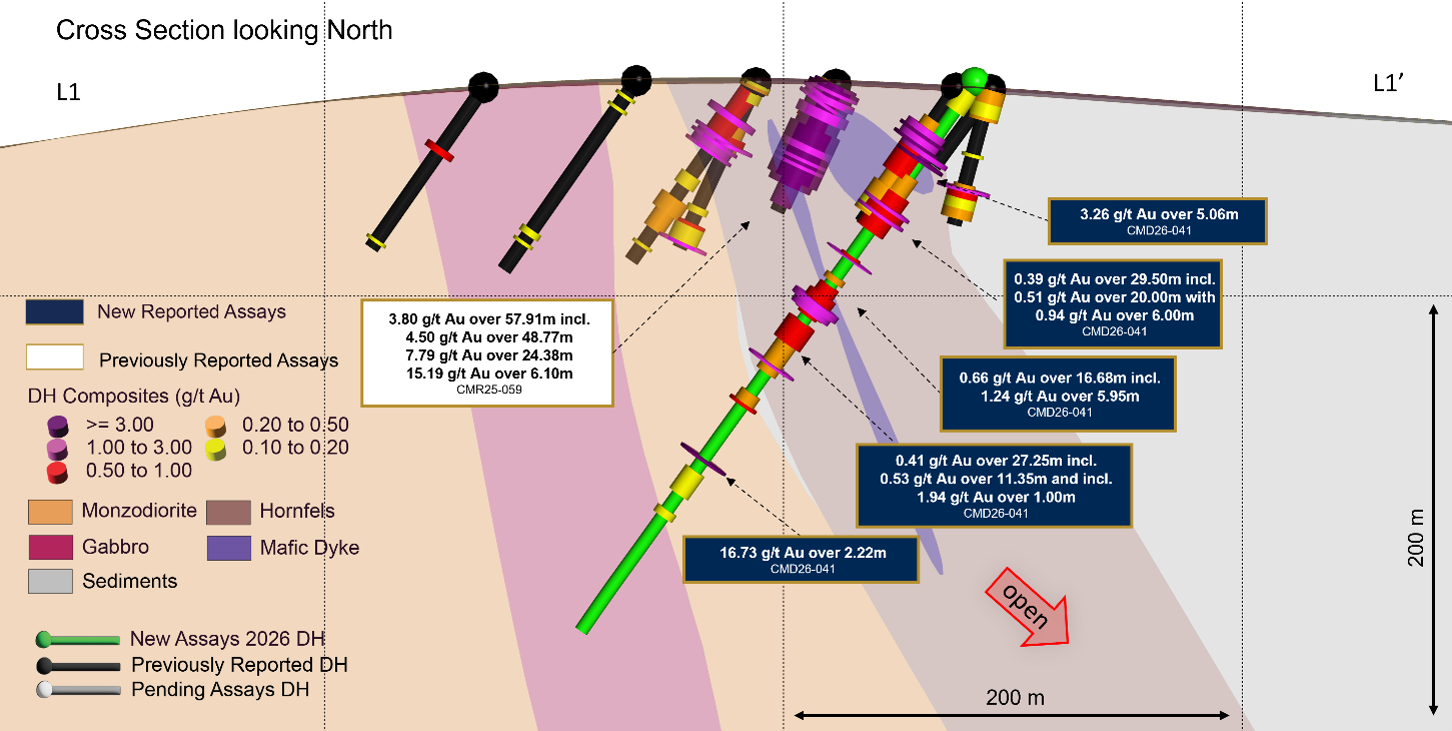 Figure 4: Cross section L1-L1’ showing updated Mafic Dyke units and Hornfels, highlighting the higher-grade mineralization across the drilled section